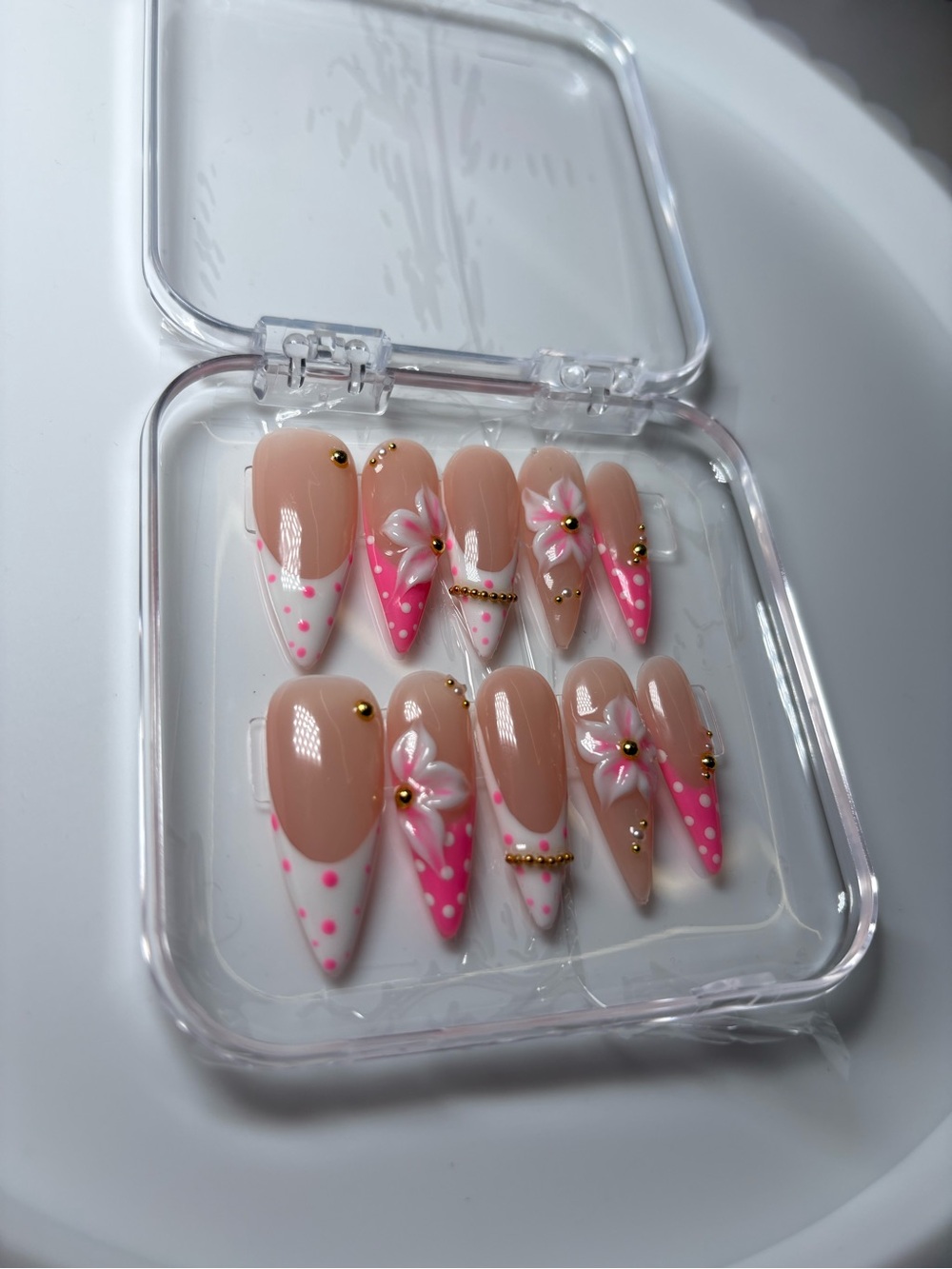 Nude & Pink Floral Press-On Nail Set with Gold Accents
